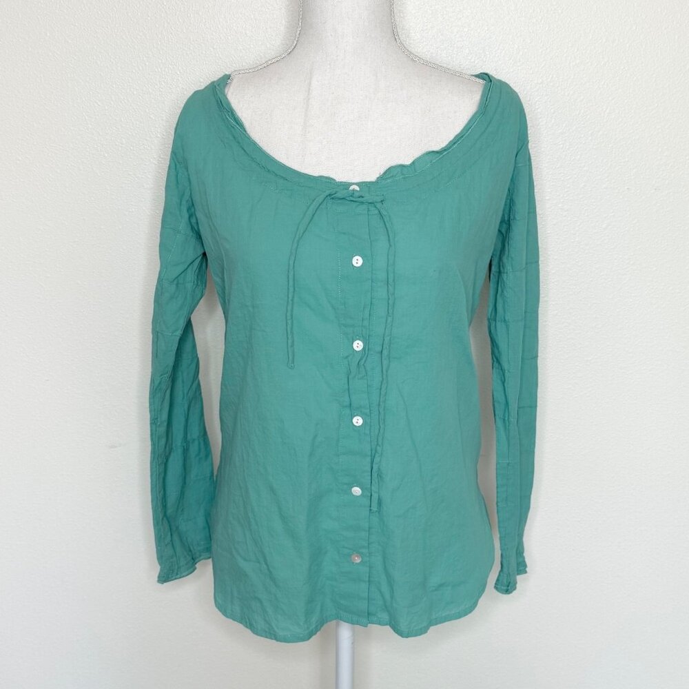 Ethos Paris Teal Organic Cotton Long Sleeve Button Front Top Preppy XS